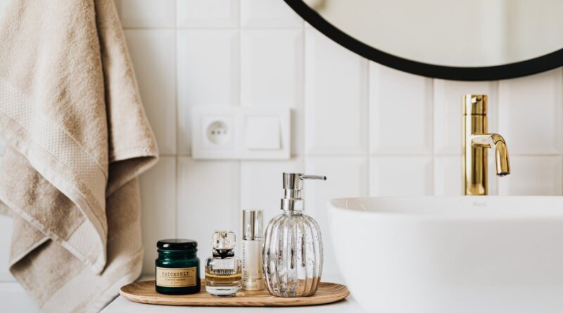 set of skin care products in contemporary bathroom